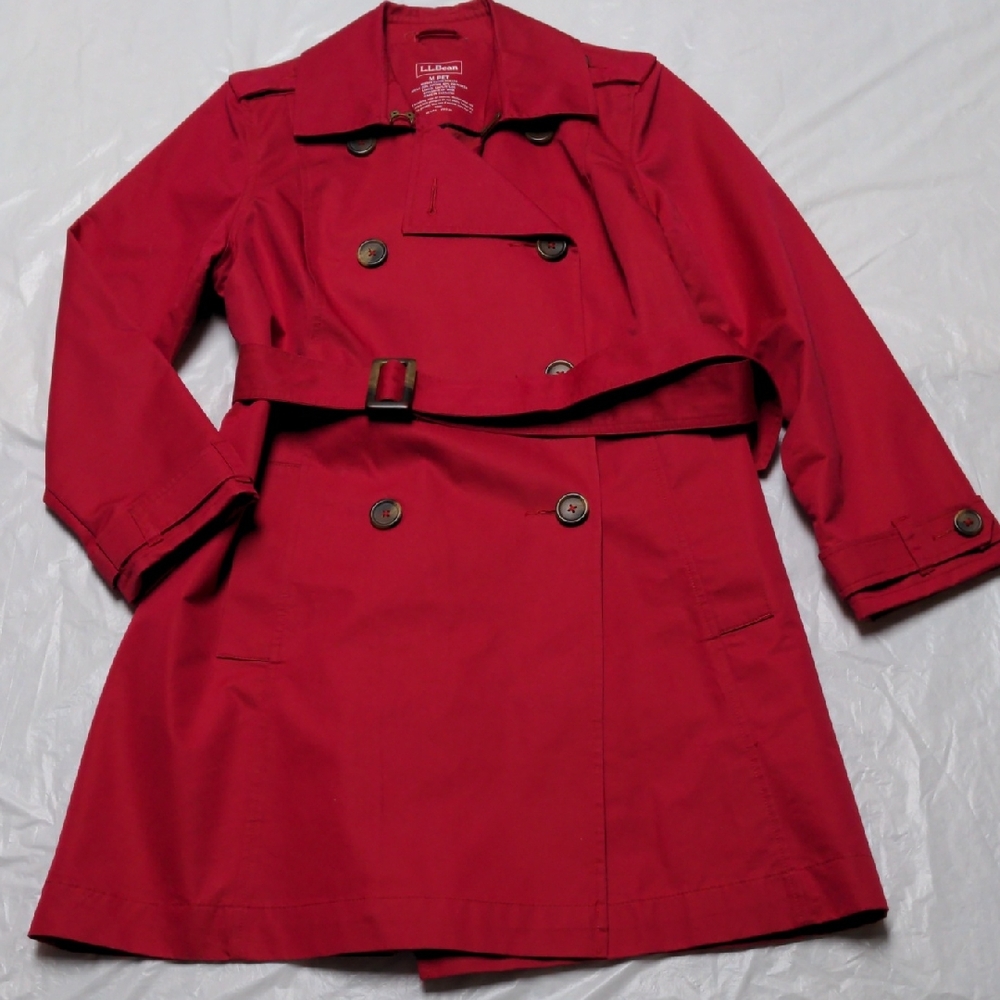 LL Bean Red Double Breasted Belted Trench Coat Classic Minimalist Preppy Sz MP
